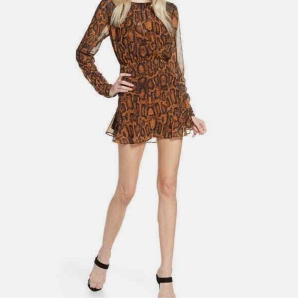 Finders Keepers- LARGE- Elegant Long Sleeve Brown Patterned Dress